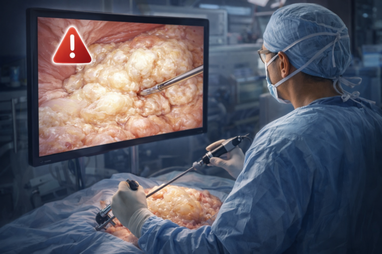 Surgeon performing diagnostic laparoscopy with incidental pseudomyxoma peritonei (appendiceal mucinous neoplasm) in the operating room