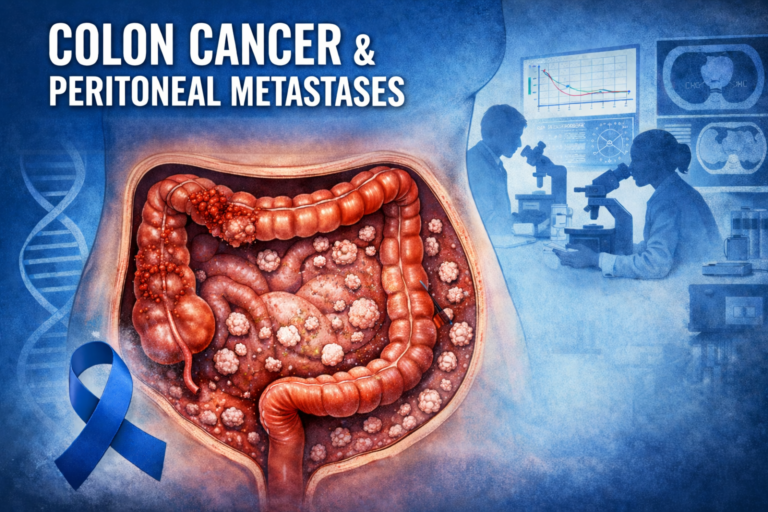 Colon cancer with peritoneal metastases: medical illustration showing peritoneal implants and Blue March awareness ribbon