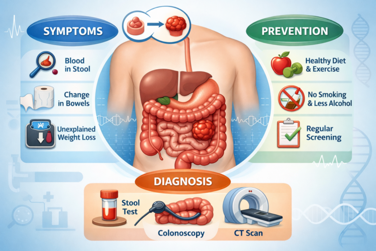 Minimalist illustration for a colon cancer guide showing the colon outline and a blue awareness ribbon
